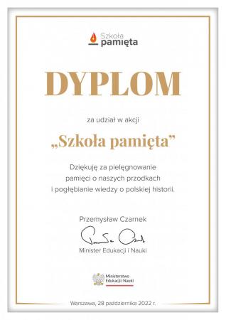 Dyplom dla SP12 za udział w akcji "Szkoła Pamięta"