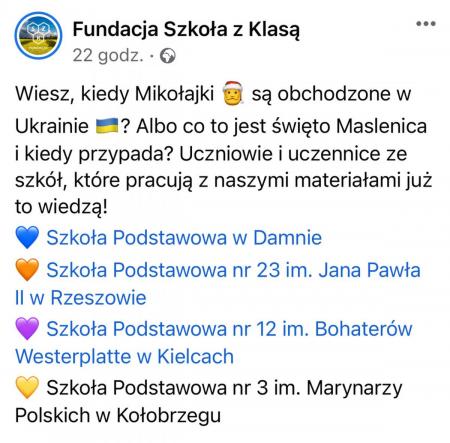 Screen postu Fundacji Szkoła z Klasą