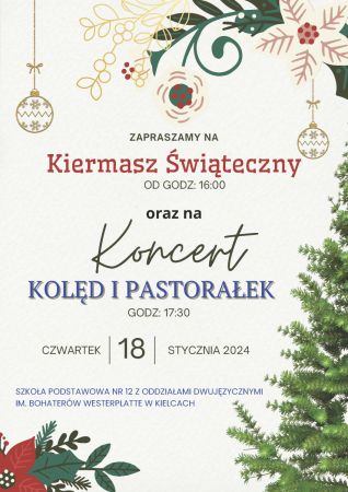 Plakat zachęcający do udziału w kiermaszu i koncercie świątecznym