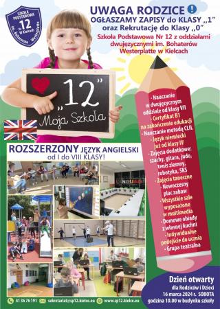 Plakat promujący nabór do SP12 w Kielcach do klasy pierwszej w roku szkolnym 2024/2025