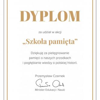 Dyplom dla SP12 za udział w akcji "Szkoła Pamięta"