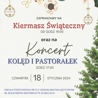 Plakat zachęcający do udziału w kiermaszu i koncercie świątecznym