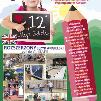 Plakat promujący nabór do SP12 w Kielcach do klasy pierwszej w roku szkolnym 2024/2025